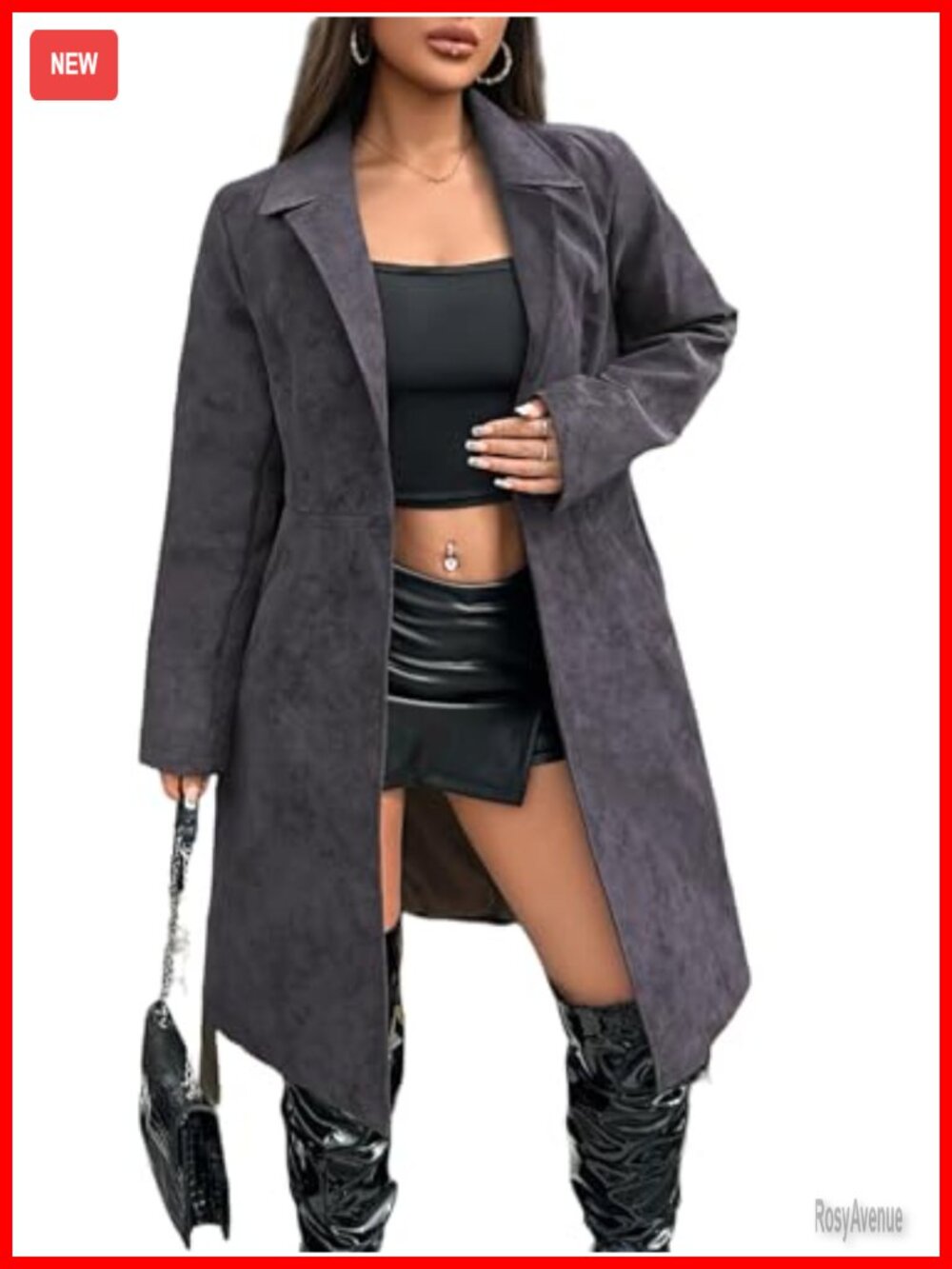 Faux Leather Trench Coat Long Button Lined Motorcycle Jacket with Belt